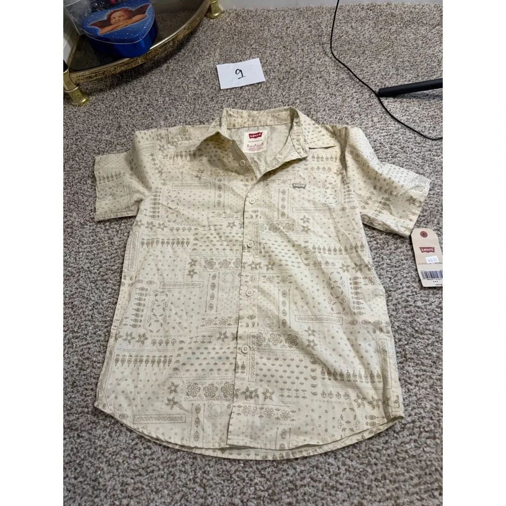 Levis Boys Medium 10-12 Bandana Patchwork Button Down Shirt Cream Short Sleeve